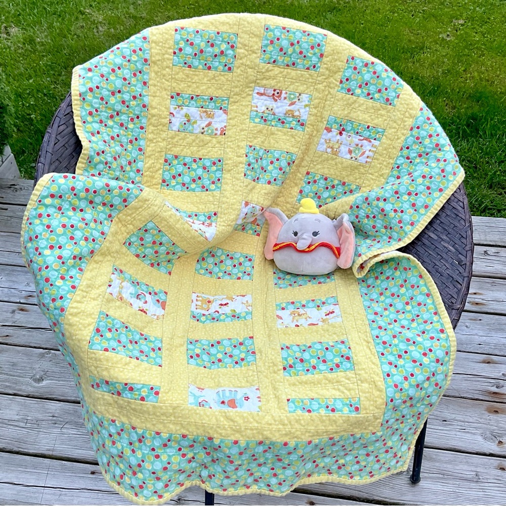 Cheerful Handmade Yellow and Green Quilt Baby Quilt for Crib Throw or Travel